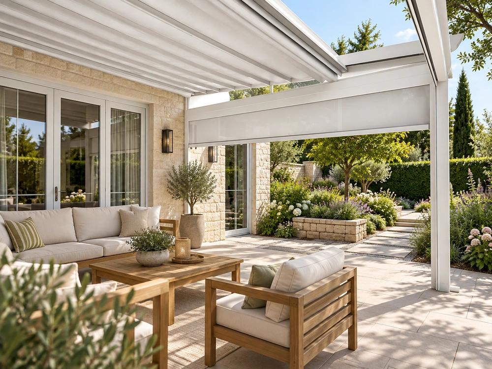 пергола с зоной отдыха у дома (перголы со сдвижным тентом)